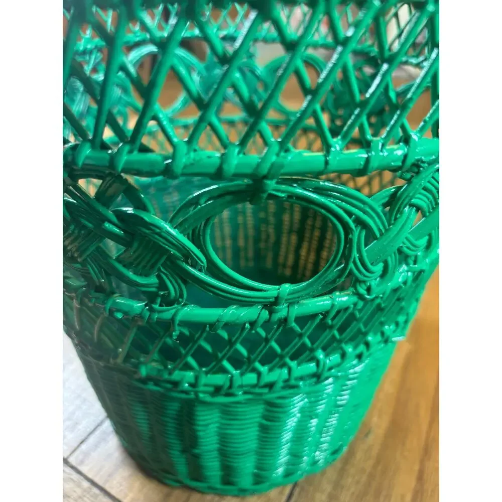 Green Wicker Wastebasket Planter Vintage Trash Can Shabby Chic Cottage BOHO
